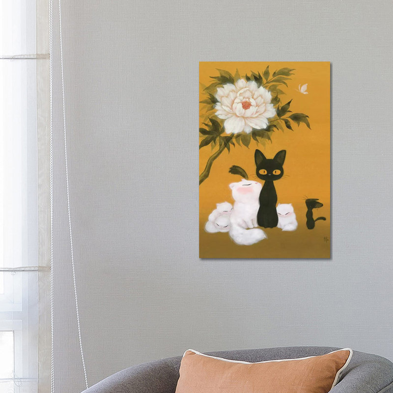 Cats And Peony by Martin Hsu - Painting on Canvas, 66.04 cm H x 45.72 cm W x 3.175 cm D, Wrapped Canvas