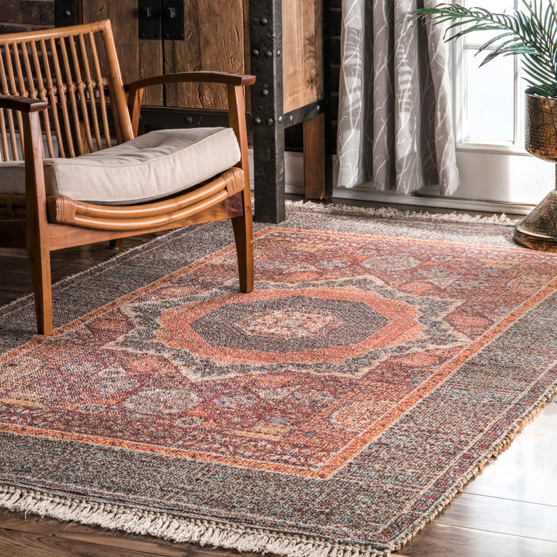 Tapis oriental tissé à plat à la main orange Eaton, Rectangle 7 pi 6 po x 9 pi 6 po