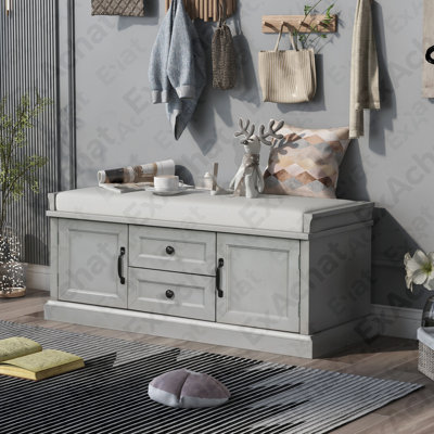 Storage Bench with 2 Drawers and 2 Cabinets, Shoe Bench with Removable Cushion for Living Room, Entryway (Grey Wash)