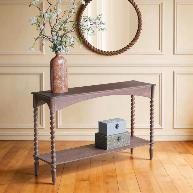47X14x30" Brown Wood Console Table With Turned Spiral Legs And Lower Shelf