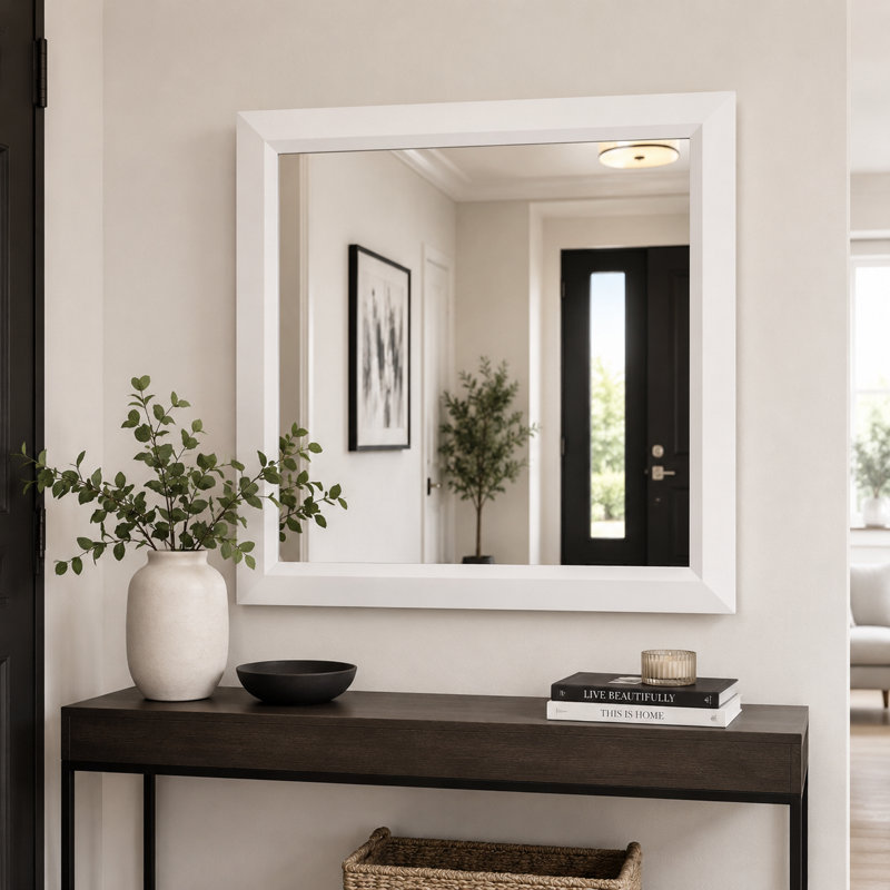 Miroir de salle de bain moderne avec cadre en aluminium blanc biseauté et verre trempé, 36 po x 36 po