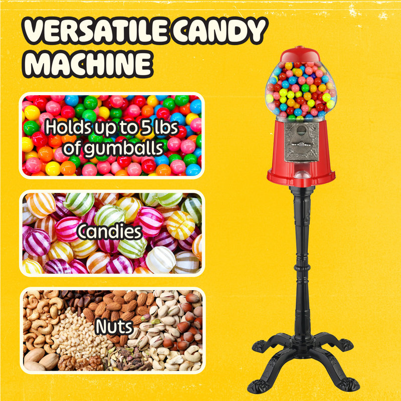15'' Bubble Gum Machine with Stand - Vintage Style Gum Ball Machine - Style Candy Dispenser Vending Machine with Glass Globe and Metal Base, Red