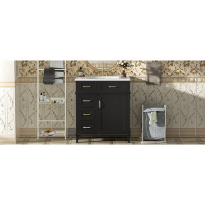 30-Inch Bathroom Vanity With Ceramic Sink, Adjustable Shelf, Soft Close Door, And Three Soft Close Drawers