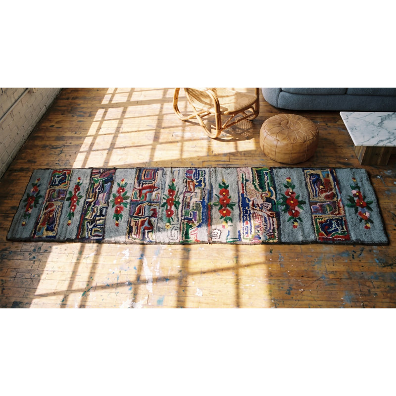 Gray Antique American Floral Folk Art Design Hooked Long Hallway Runner Rug