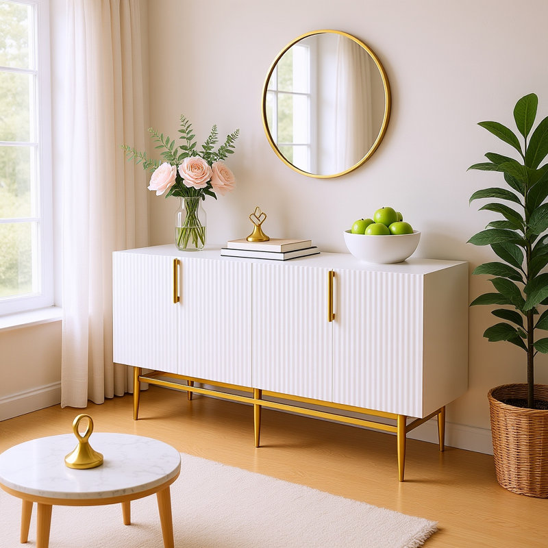 Buffet moderne avec pieds et poignées dorés, rangement à 4 portes avec tablettes réglables, pour la salle à manger, le salon et le vestibule