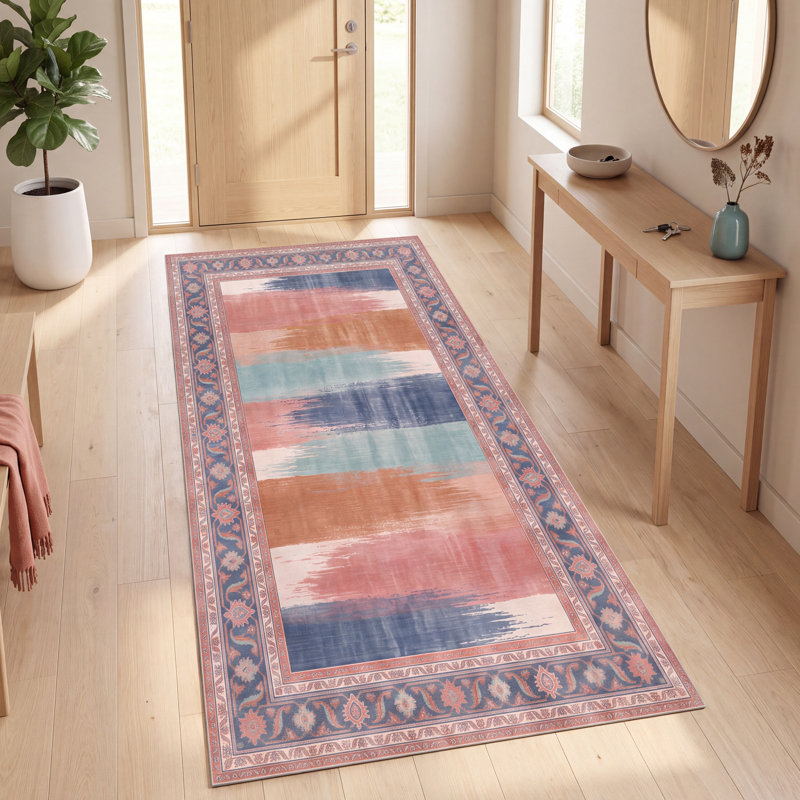 Tapis à rayures modernes Trellis, style moderne, bleu sarcelle, rose et crème, lavable à la machine, antidérapant, à poils courts, pour l'intérieur et l'extérieur, adapté aux animaux domestiques, idéal pour le salon, la chambre, la salle à manger, l'entrée, le couloir ou le bureau.