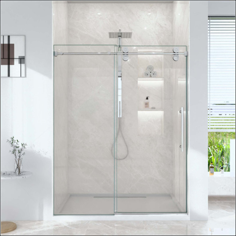 Porte de douche coulissante simple sans cadre - verre trempé transparent, conception à dérivation, Chrome chrome