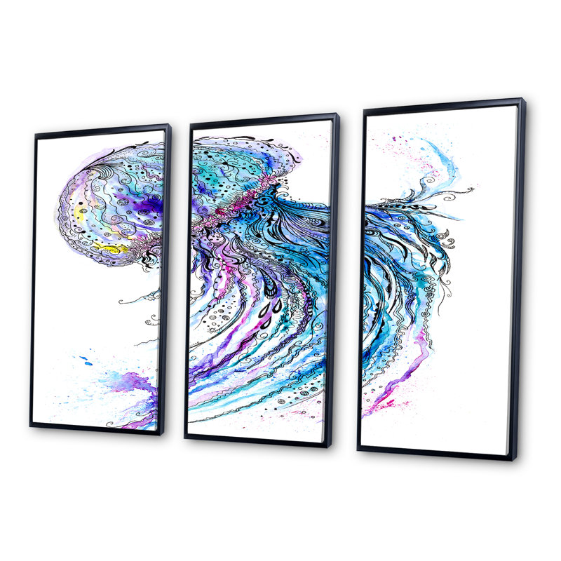 Jelly Fish - 3 pièces, cadre flottant, impression sur toile, Cadre noir, L 36 po x H 28 po