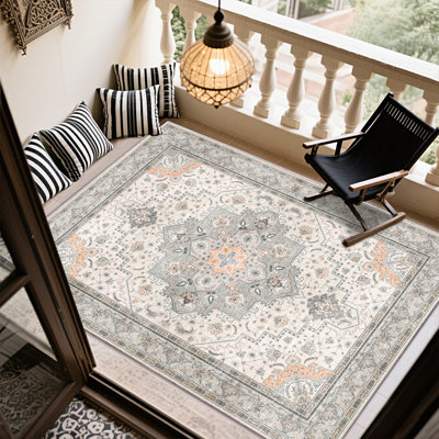 Bohemian Area Rug for Living Room, 5x7 Beige Low Pile Throw Rugs with Rubber Backing, Performance Rug for Bedroom, Dining Room, Modern Rug for Home Decor, Washable Indoor Outdoor Rugs, Ideal For High Traffic Areas