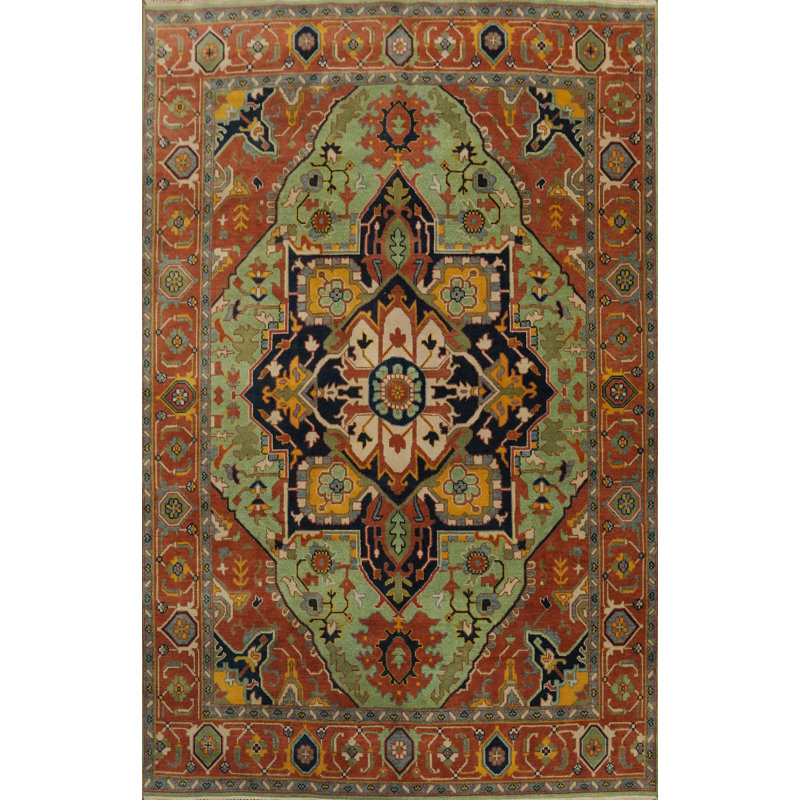 Tapis vert à motif géométrique indien 9 x 12