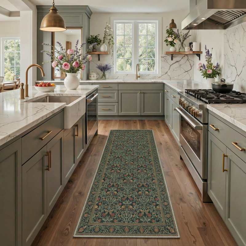 Vineyard Floral Vines Machine Washable Sage Indoor Area Rug With Non-Slip Backing, Runner 2' x 7'