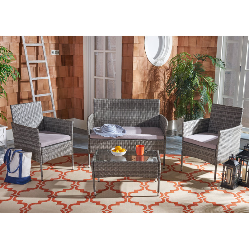 Ensemble de patio 4 pièces en rotin avec coussin, Cadre gris / coussin gris