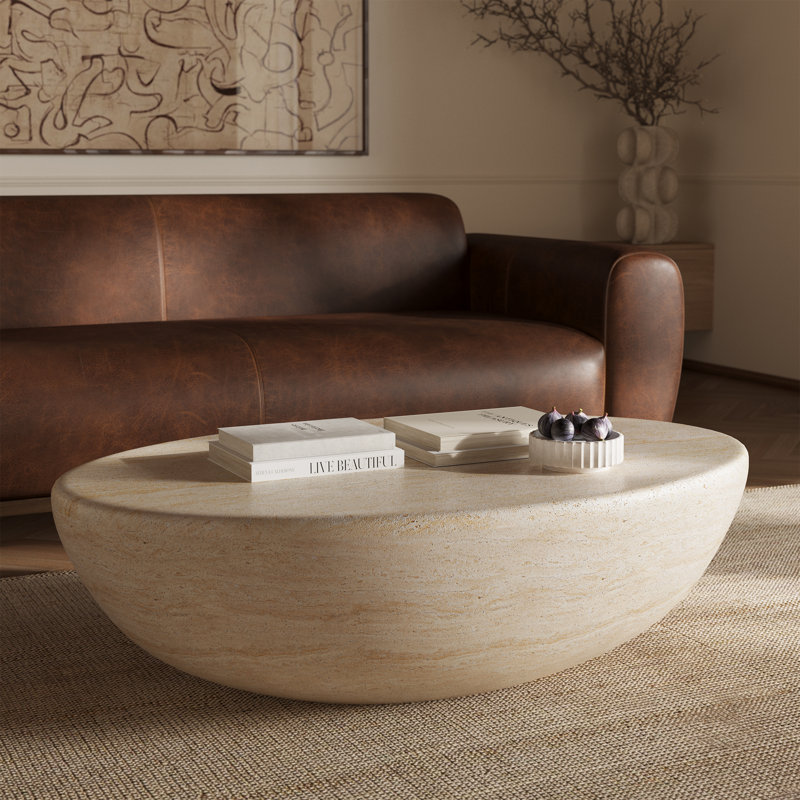 Table basse Trevi Oval - Ciment renforcé avec finition en faux marbre, Travertin