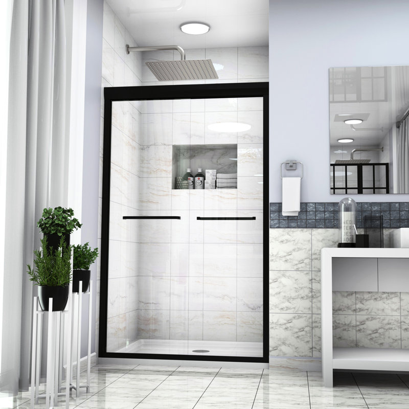 Cabine de douche double coulissante noire matte, 48 po x 76 po, porte haute avec verre trempé et garniture de finition moderne