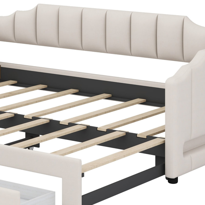 Lit de jour rembourré extensible avec tiroirs de rangement et lumière DEL, Beige
