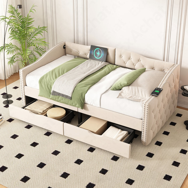 Upholstered Daybed With Storage Drawers, Wood Daybed Twin Size, With USB Ports & 2 Storage Drawers, No Box Spring Needed, BEIGE