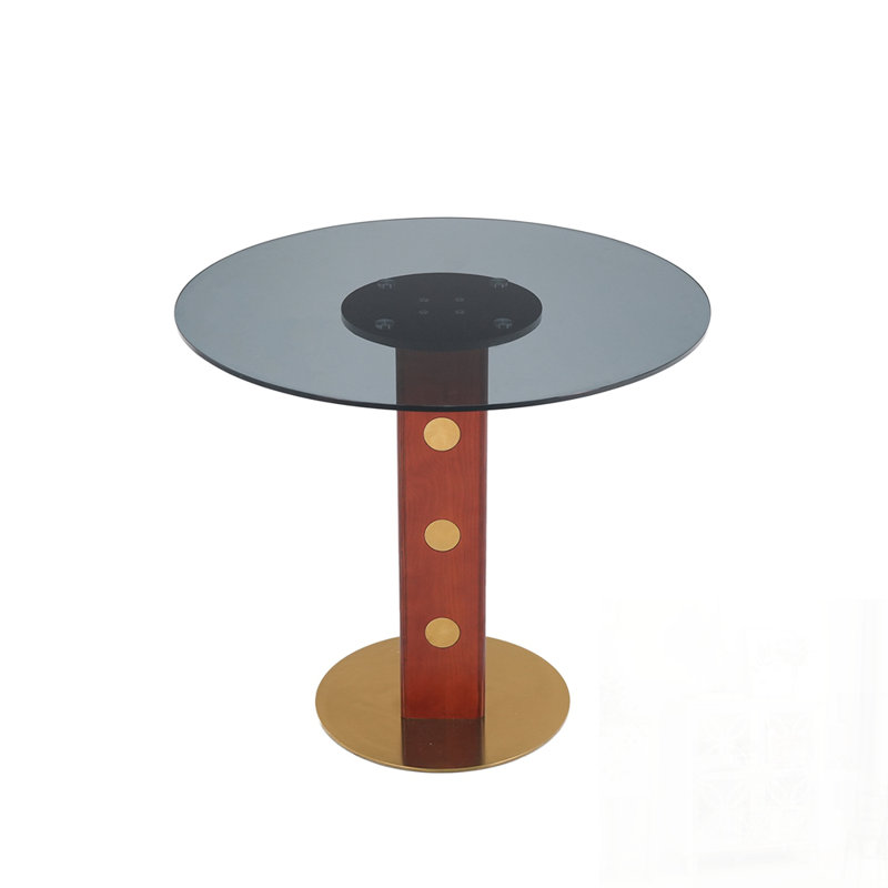 Table de salle à manger ronde moderne avec plateau en verre trempé, pieds en bois et base pour petits espaces