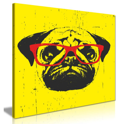Funny Pug Dog With Glasses Yellow Background - Wrapped Canvas Print