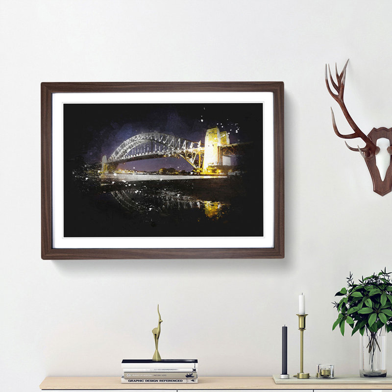 Sydney Harbour Bridge Australia - Picture Frame Graphic Art Print, 62cm H x 87cm W x 2cm D, Walnut Framed