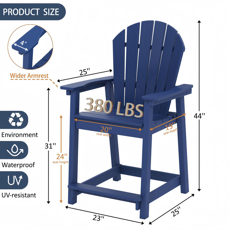  Yardgrace Tall Adirondack Chair - All-Weather Hdpe Bar Height Stool, Navy