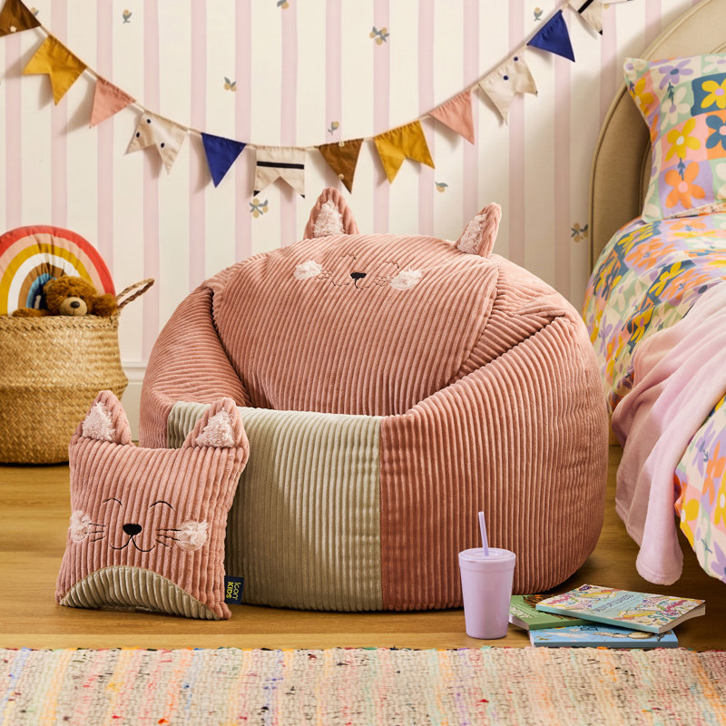 icon Kids Cleo Cat Cord Bean Bag Chair and Cushion, Pink, Cat