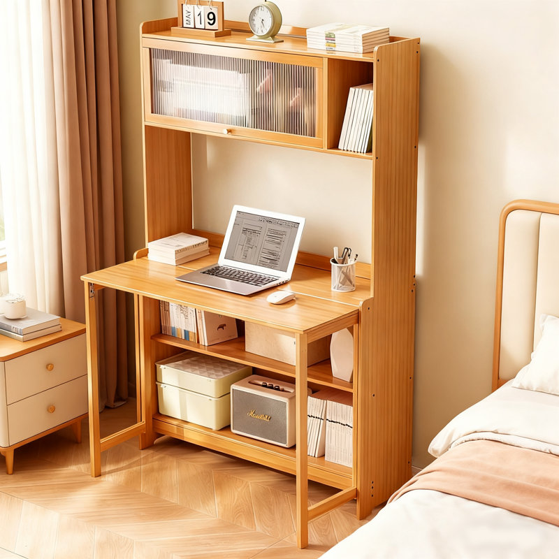 Writing Desk with Hutch Bookshelf, Foldable Bamboo Computer Desk with Storage Shelves, Wall-Mounted Drop-Leaf Table for Home Office