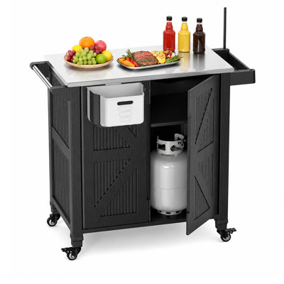 Chariot de barbecue d'extérieur avec armoire de rangement Aoole, table de préparation pour barbecue en acier inoxydable, chariot d'îlot de cuisine mobile sur roulettes avec support à épices et poubelle pliante pour patio (de base)