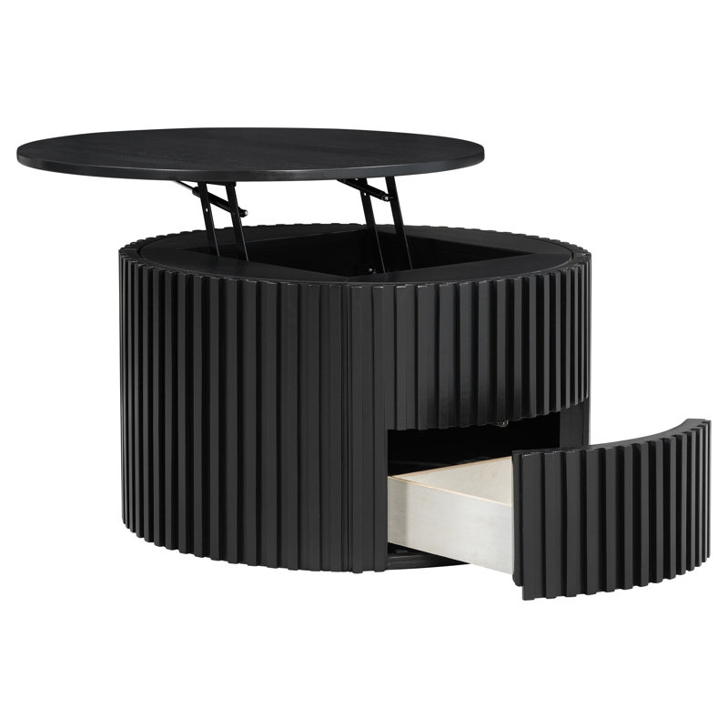 Table basse ronde à plateau relevable, table d'appoint moderne en bois cannelé avec rangement caché pour le salon, Noir