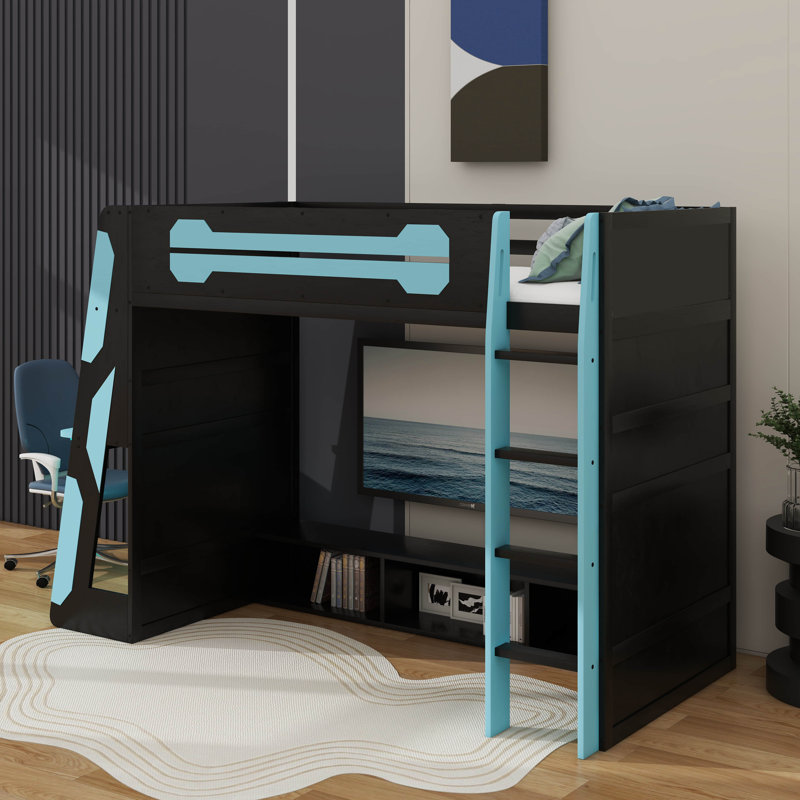 Twin Size Wood Loft Bed With Desk,And RGB Light, Cloud Blue