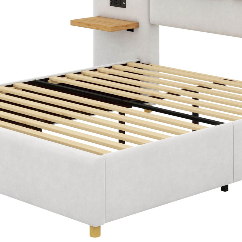 Upholstered Platform Bed With Two Outlets, Beige, Queen