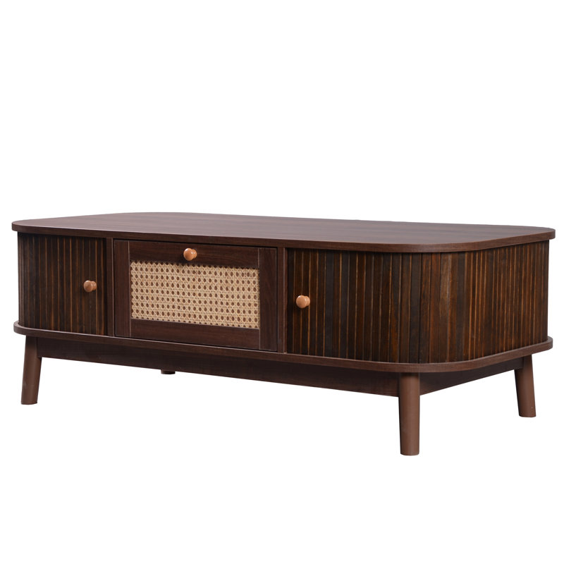 Table basse en osier de style campagnard - Base en bois massif, portes coulissantes et tiroirs en osier pour la décoration intérieure
