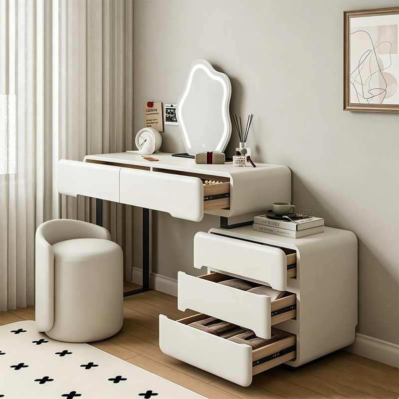 Coiffeuse moderne minimaliste en bois massif beige de 140 cm (55,12 po), H 31,5 po x l 55,12 po x P 15,75 po