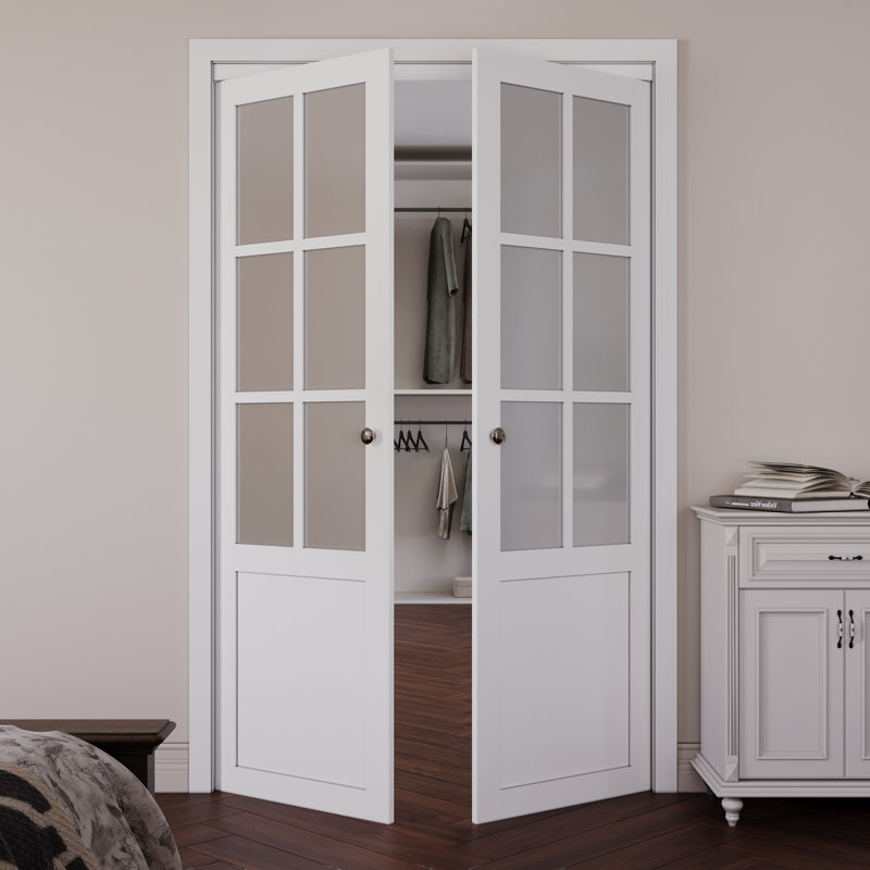 Portes pivotantes à panneaux en bois manufacturé et en verre givré avec ensemble de quincaillerie, 60 po x 80 po