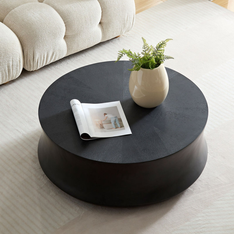 Table basse ronde de 35,43 po en fibre de verre ronde pour salon, table vintage, devant mat du canapé, table basse tambour moderne fabriquée à la main pour bureau, appartement, sans assemblage