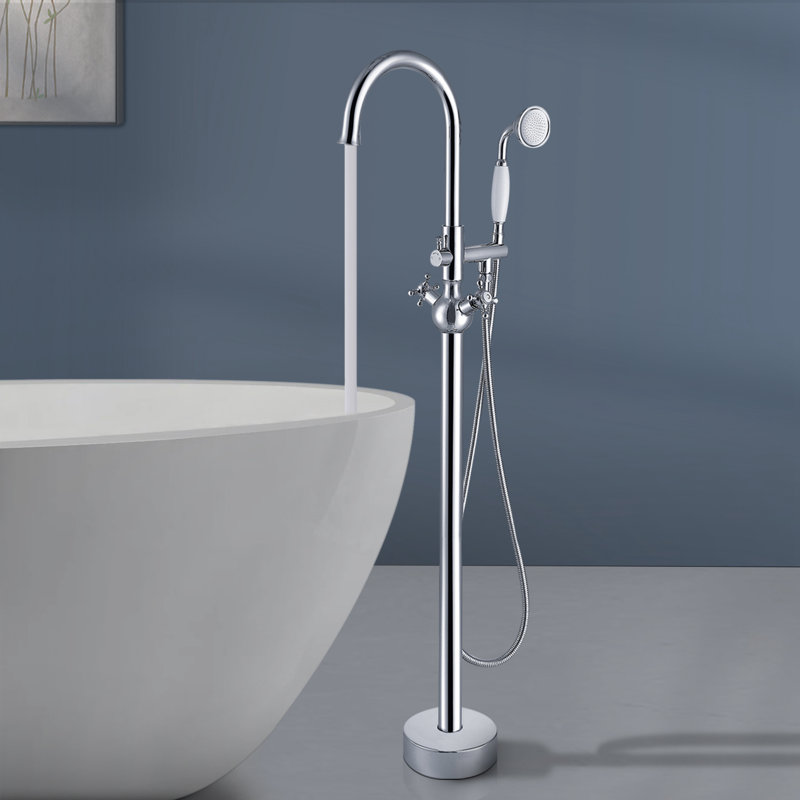 Topcraft Double Handle Floor Mounted Freestanding Bathtub Faucet Tub Filler with Handheld Shower, Chrome, Chrome