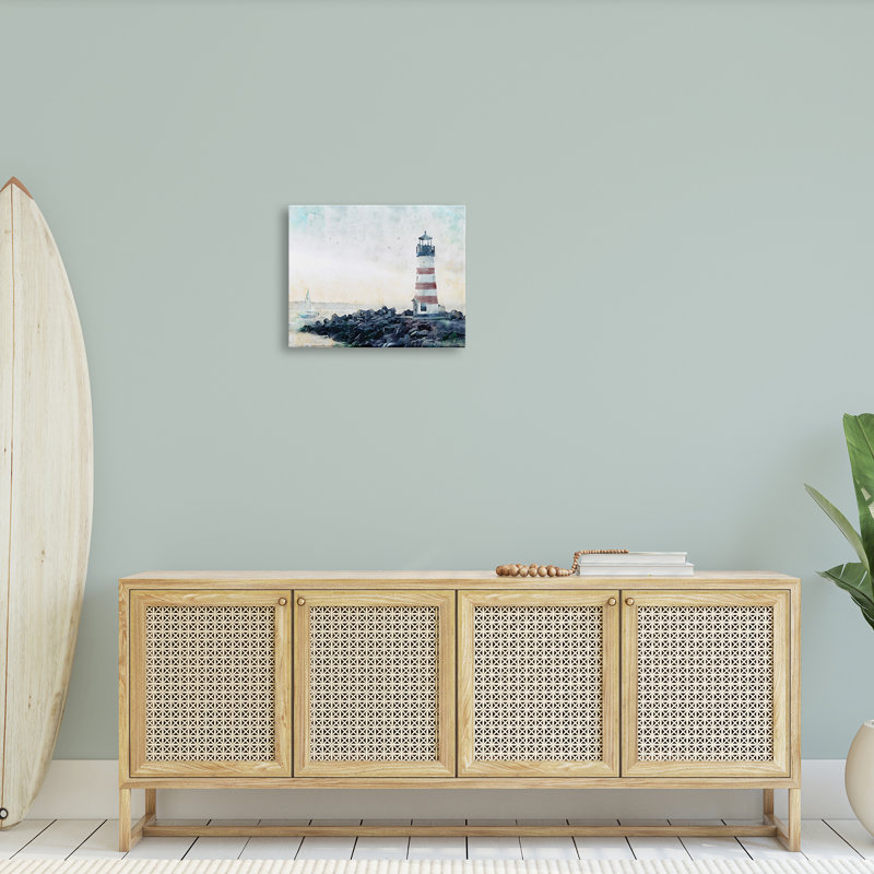 Phare à rayures rouges, plage rocheuse, Coa, par Ziwei Li, H 16 po x l 20 po x P 1,5 po, Toile tendue