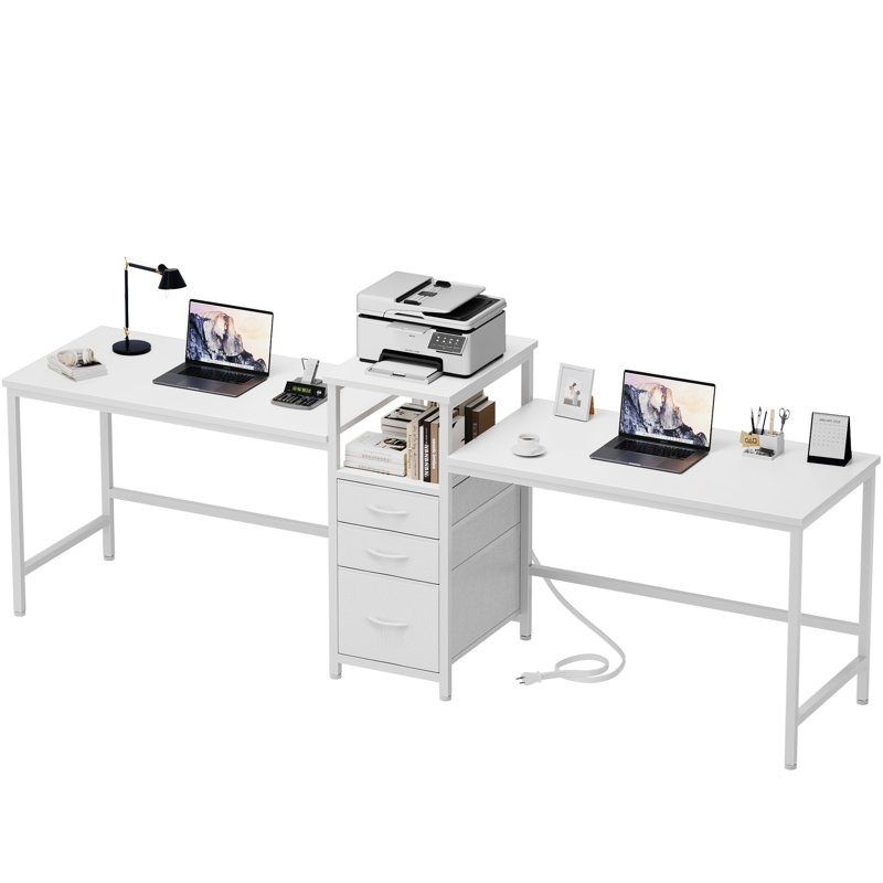 Melaniece Metal Base Computer Desk with Power Outlet, White/White