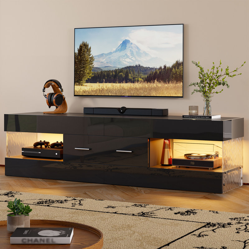Kruszewski 60 inch  Glossy TV Stand Fits TV Up to 65 inch with Drawer and LED Light Stone Grain Media Console, Black