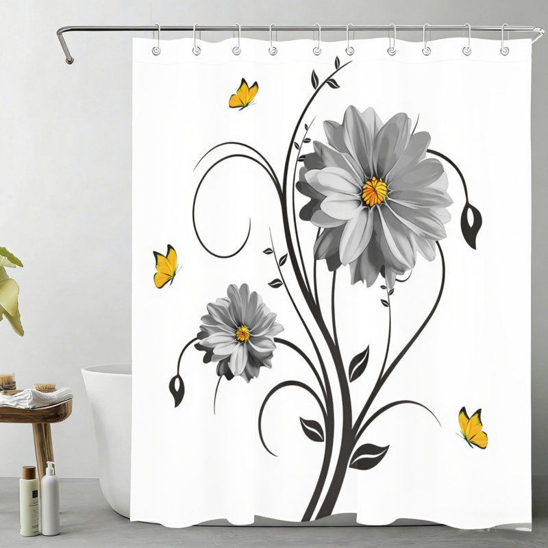Rideau de salle de bain monochromes à motif floral papillon gris 72 po x 72 po