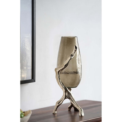 18" Champagne Glass And Metal Table Vase