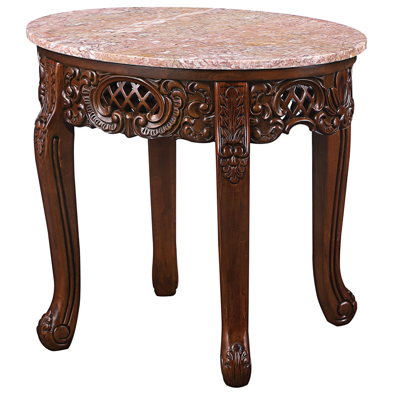 Chantret Hand-Carved Hardwood Side Table with Marble Top