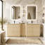 Meuble-lavabo double moderne avec éviers en céramique et armoire de rangement centrale, ensemble d'armoire écologique en contreplaqué sans peinture, portes à fermeture en douceur et tablettes réglables, autoportant