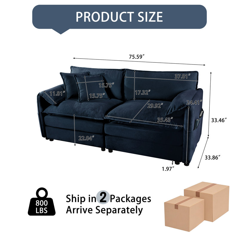 Canapé surdimensionné à 2 places 75,59 "avec 2 coussins décoratifs Cloud, H 33,46 po x l 75,59 po x P 33,86 po, 2, Bleu