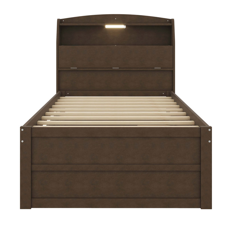 Lit plateforme en bois à DEL avec tête de lit gigogne et tiroirs, Lit simple, Brun