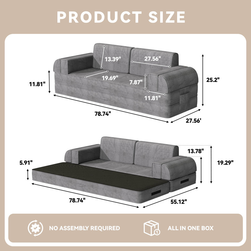 Grand canapé-lit pliant Boneless 4-en-1 - Futon convertible multi-styles l 79 po avec coussins amovibles, accoudoirs, poches latérales et matelas en mousse dépliable, gris foncé