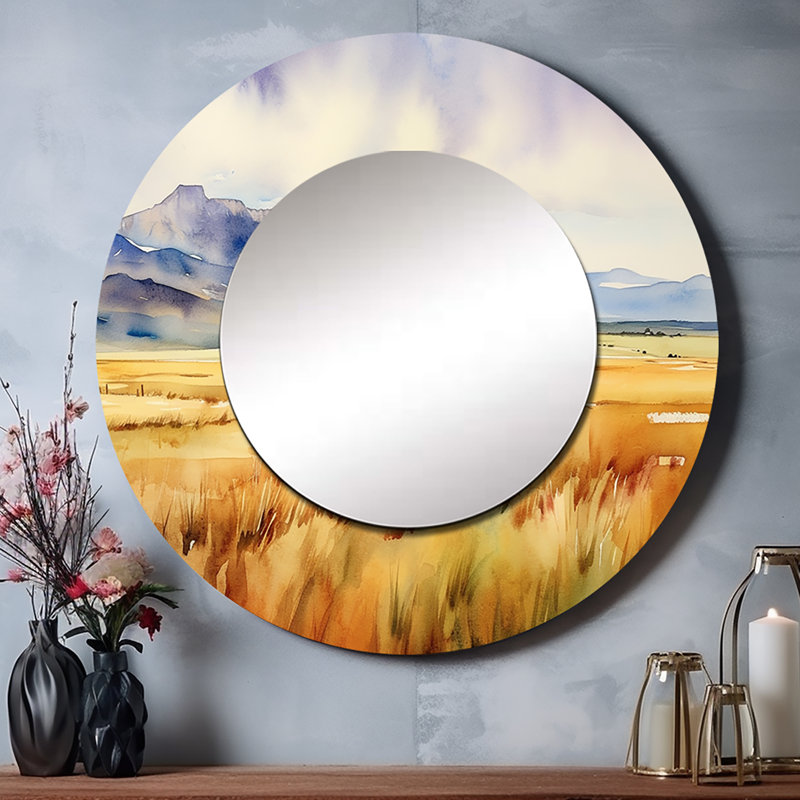 Wyoming - Yellow Prairies - Wyoming - miroir mural, miroir décoratif rond jaune, impression d'art en métal, 29 po x 29 po