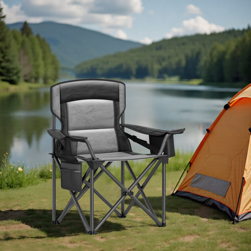 Oversized Lumbar Support Camping Chair, Heavy-Duty Outdoor Folding Chair, Black