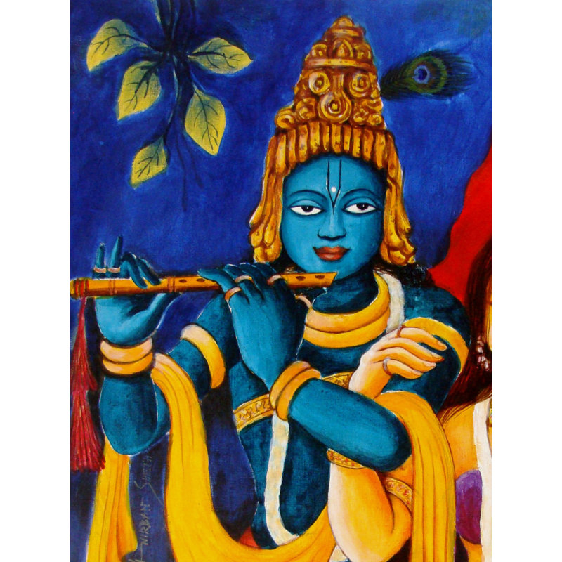 Radhey Krishna jouant de la flûte avec des veaux | Acrylique sur papier | Par Anirban Seth