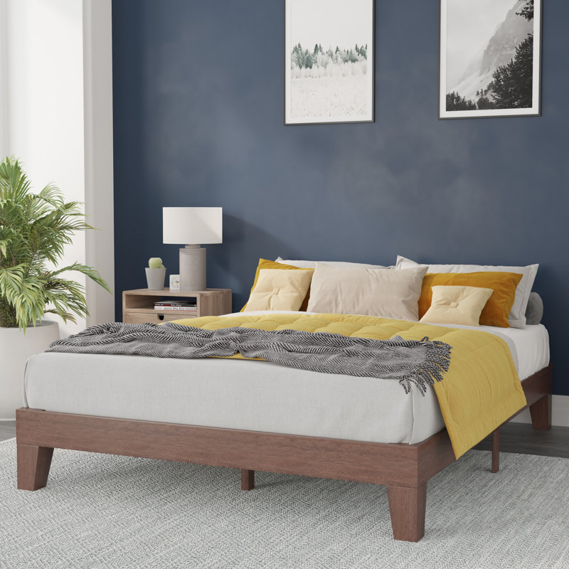 Walnut Queen Wood Frame Platform Bed with Slats