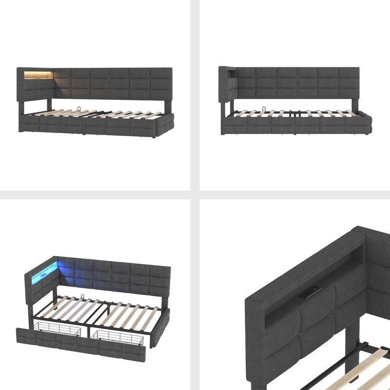 Twin Size Daybed With Storage 2 Drawers And Charging Station, Day Bed Frame With LED Lights And Storage Headboard, No Box-Spring Needed